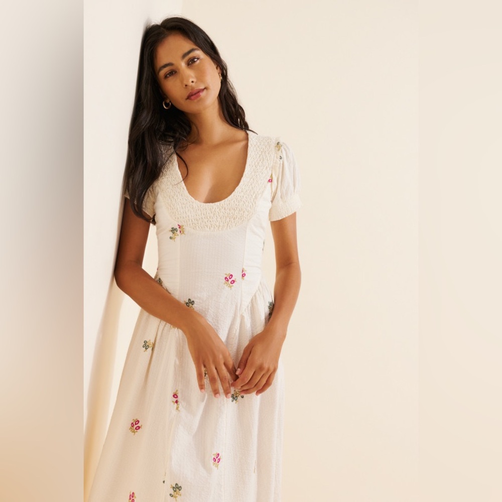 Free People Medium Maisie Dress: Floral Scoop-Neck Cream Midi Dress NWT
